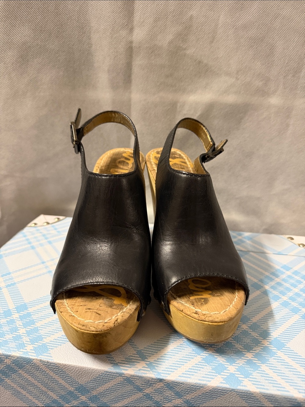 Sam Edelman Black Leather Peep-Toe Cork Platform Wedges